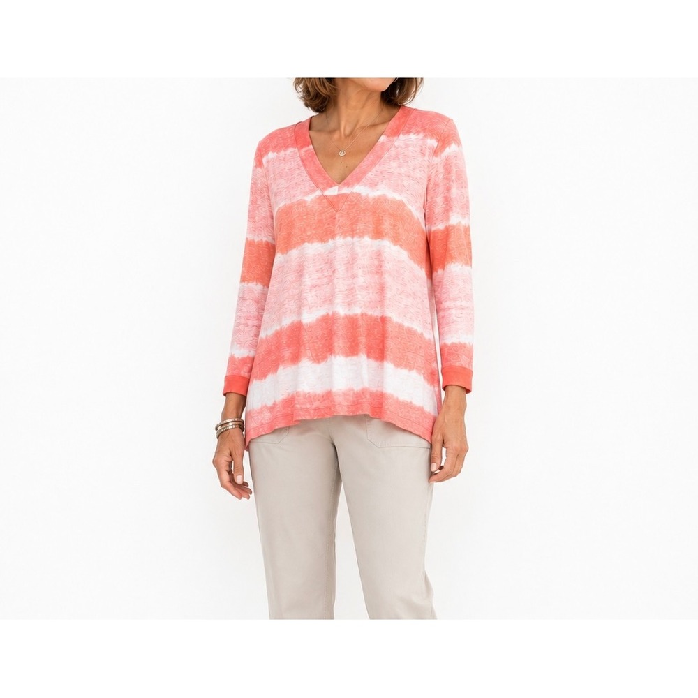 Chico's 100% Linen Tie Dye Stripe V-Neck Tunic Top Coral Pink Size 2 Large